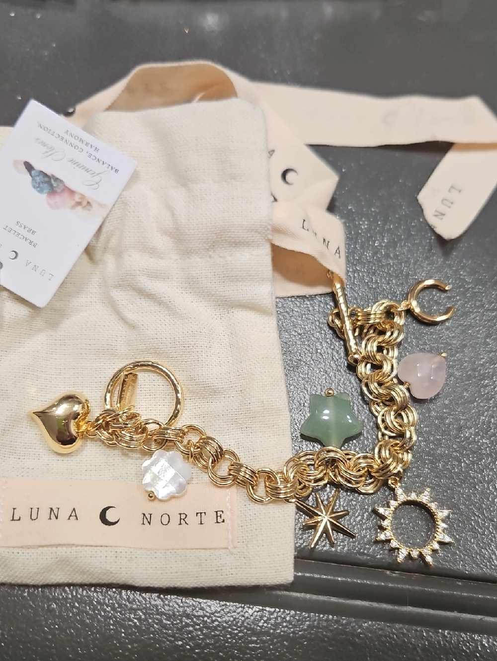 Luna Norte Gold Charm Bracelet with Green and Pink Gem Charms